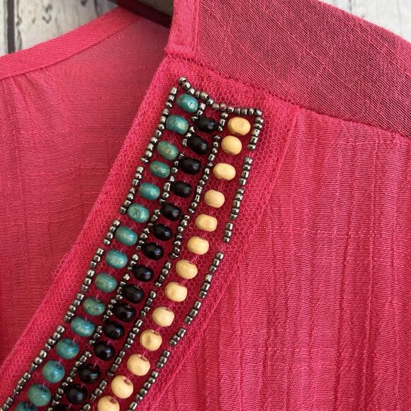 Zac & Rachel Womens Hot Pink Boho Peasant Top Size XL Beaded Smocked Puff Sleeve - Picture 4 of 14
